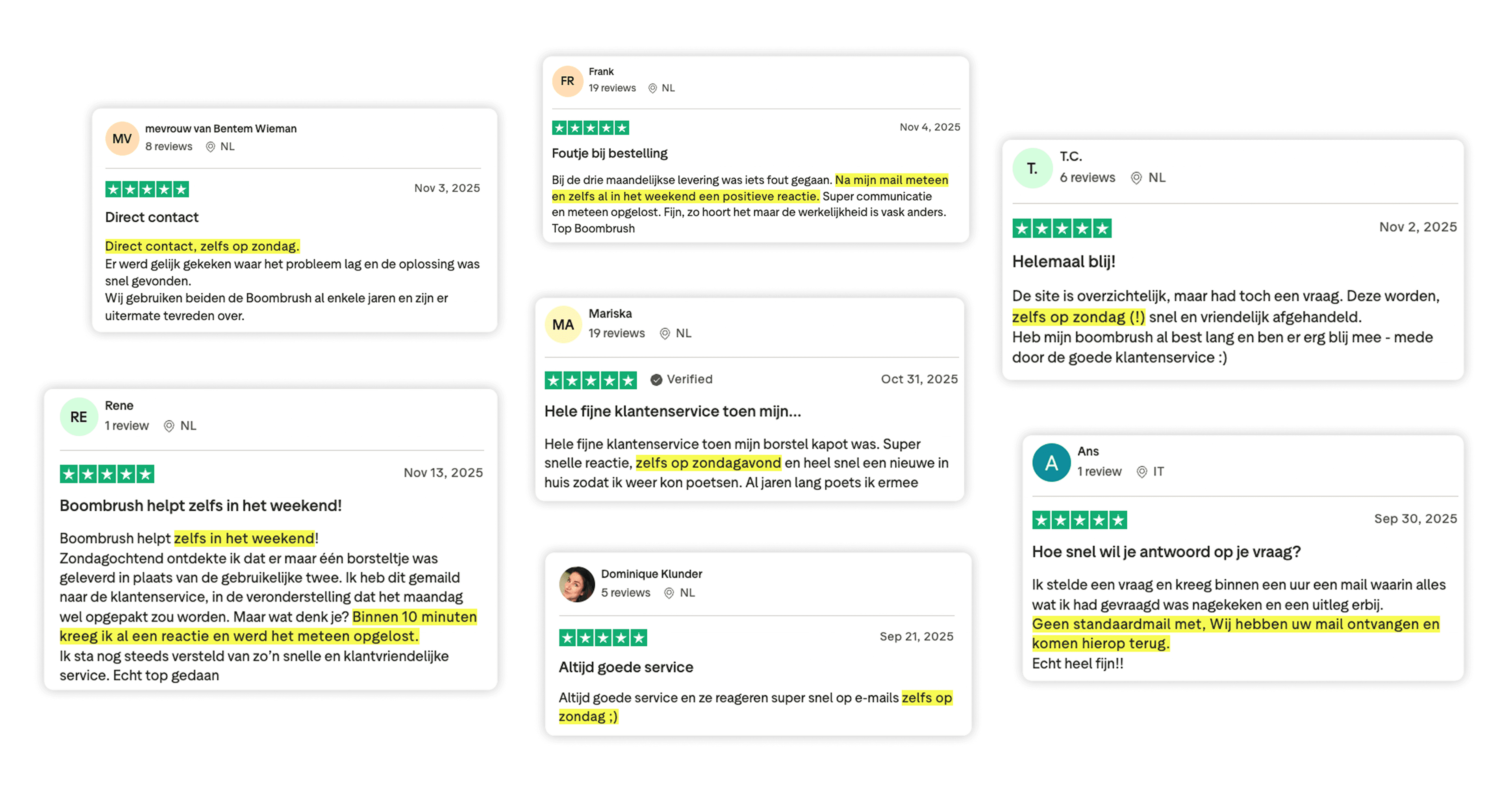 Boombrush 5-star Trustpilot reviews highlighting quick customer support